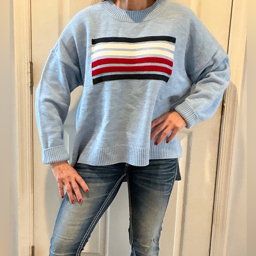 Tommy Hilfiger NWT Sky Blue Stripe Chunky Y2K Crewneck Preppy Sweater Size XL